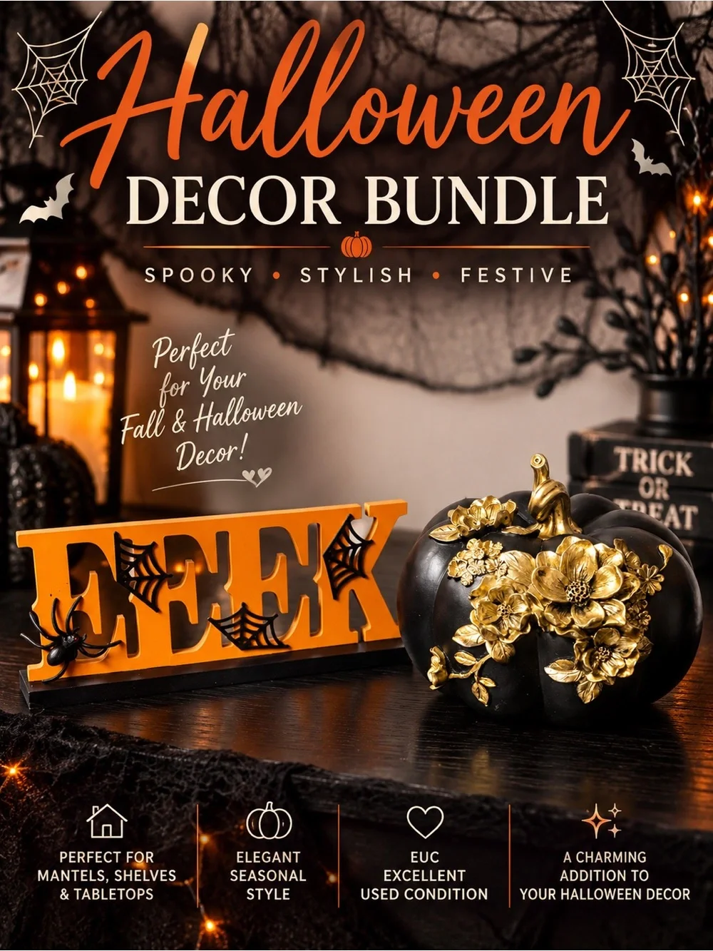 Black Gold Floral Pumpkin & EEK Halloween Decor Bundle Tabletop Set